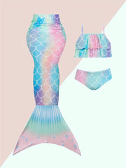 3pc Mermaid Swimsuit Set for Girls - Shimmering Scale Pattern, Includes Tail & Bikini - Perfect for Pool Parties, Cosplay & Beach Fun