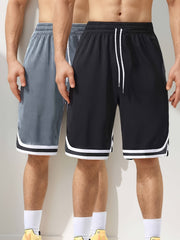 Two-Piece Mens Loose Fit Contrast Color Stripe Shorts Set - Drawstring Waist, Two Side Pockets, Breathable Slight Stretch Polyester Fabric, Ideal for Summer Fitness, Outdoor Sports, and Daily Casual Wear