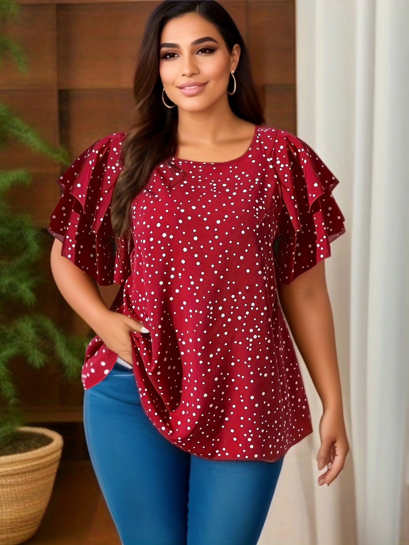 Plus Size Dot Print Top - Delicately Layered, Ruffle Trim, Crew Neck, Short Sleeve, Casual - Ideal for Warm Weather, Designed for Women with Curvy Figures