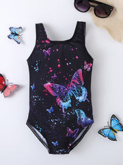 1-Piece Girls Butterflies Print Swimsuit - Sleeveless, Stretchy & Vibrant Design - Perfect for Pool & Beach Adventures