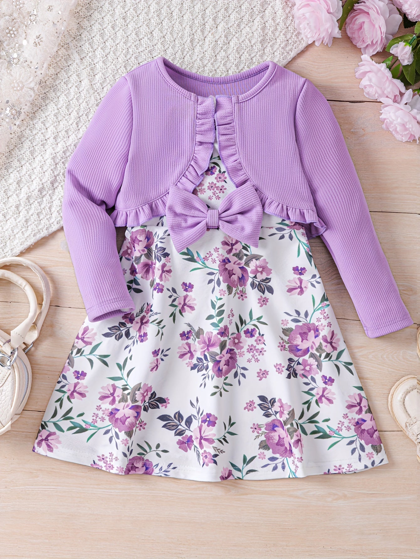 Sweet Girls 2pcs Solid Frill Trim Long Sleeve Outerwear + Flower Graphic Sleeveless Dress Set For Summer Party Gift