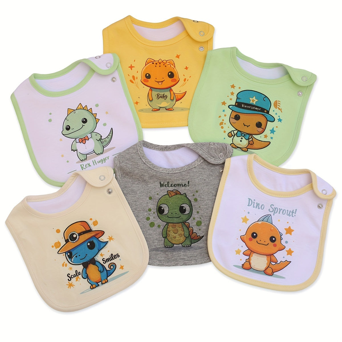 6pcs Adjustable Snap Waterproof Feeding Bibs For Boys & Girls - Cartoon Print, Cotton, Perfect For All Seasons Bibs With Snaps For Boys