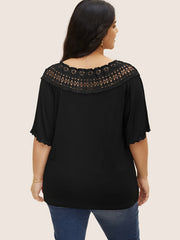 Plus Size Cutout Lace Stitching T-Shirt, Casual Crew Neck Short Sleeve T-Shirt, Women's Plus Size Clothing