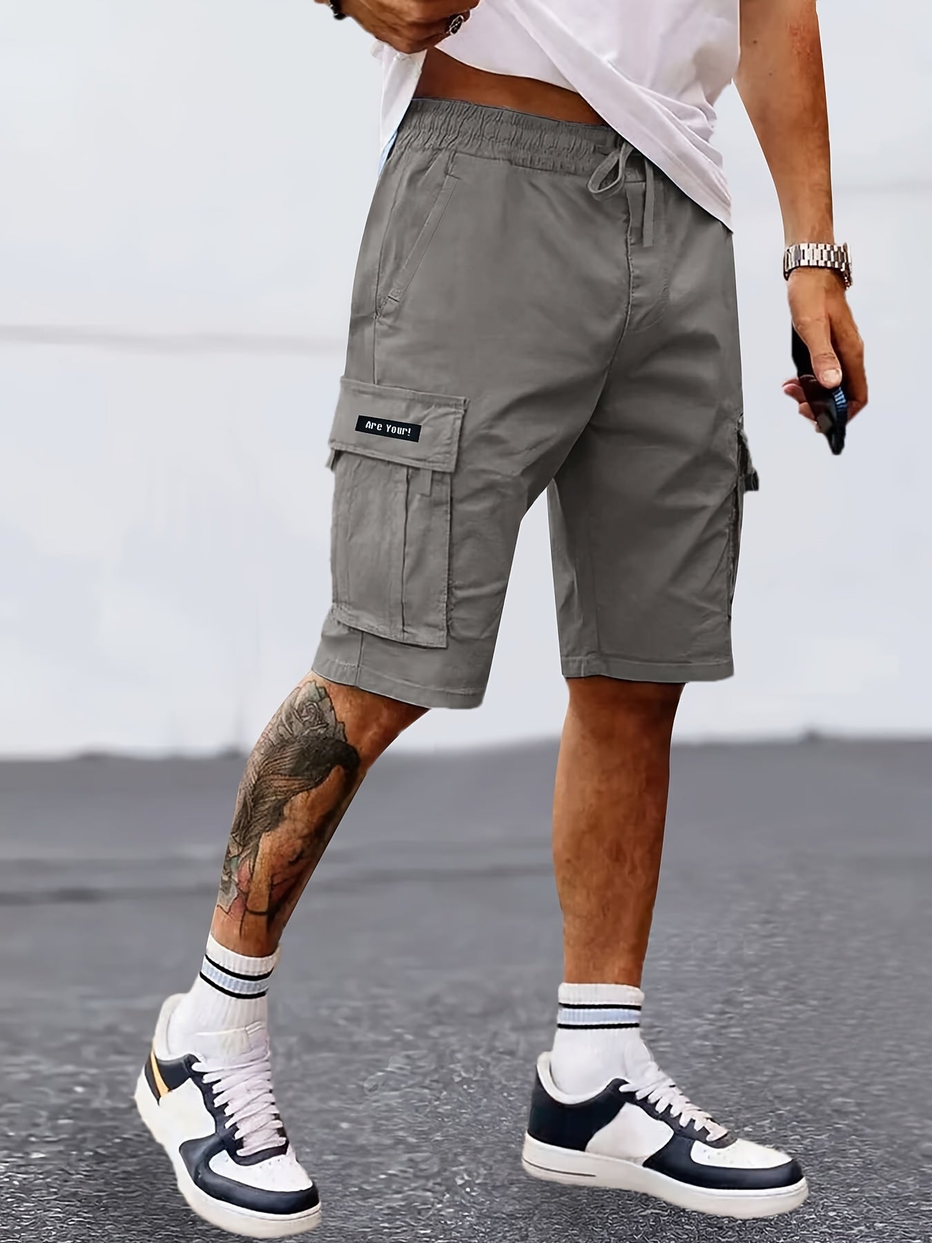 Casual Solid Men's Regular Fit Elastic Waist Cargo Shorts With Side Pockets For Summer Outdoor Leisure And Work