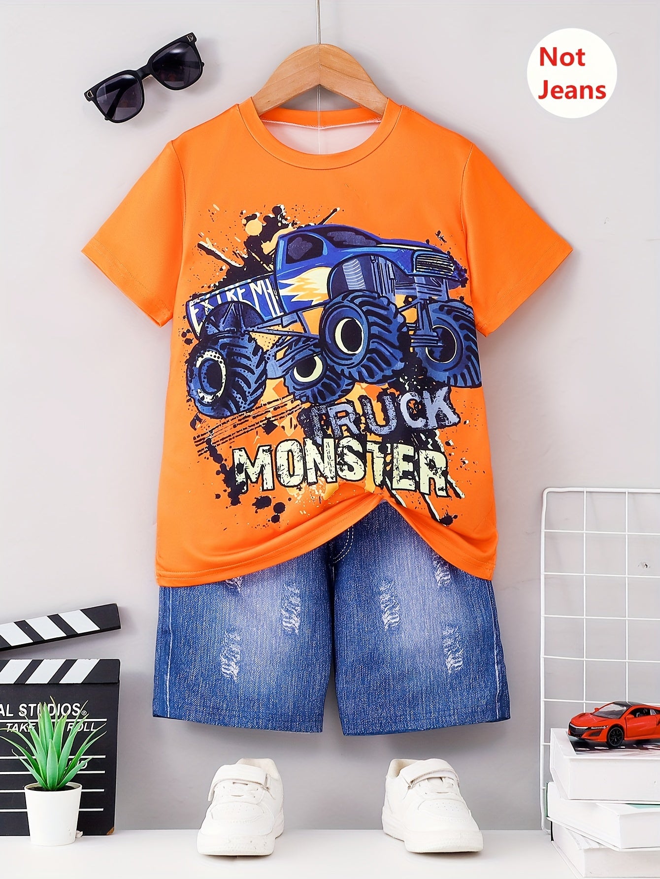 2pcs Boys Casual Monster Truck Print Versatile Short Sleeve T-shirt & Imitation Denim Shorts Set, Cool, Lightweight And Comfy Summer Clothes