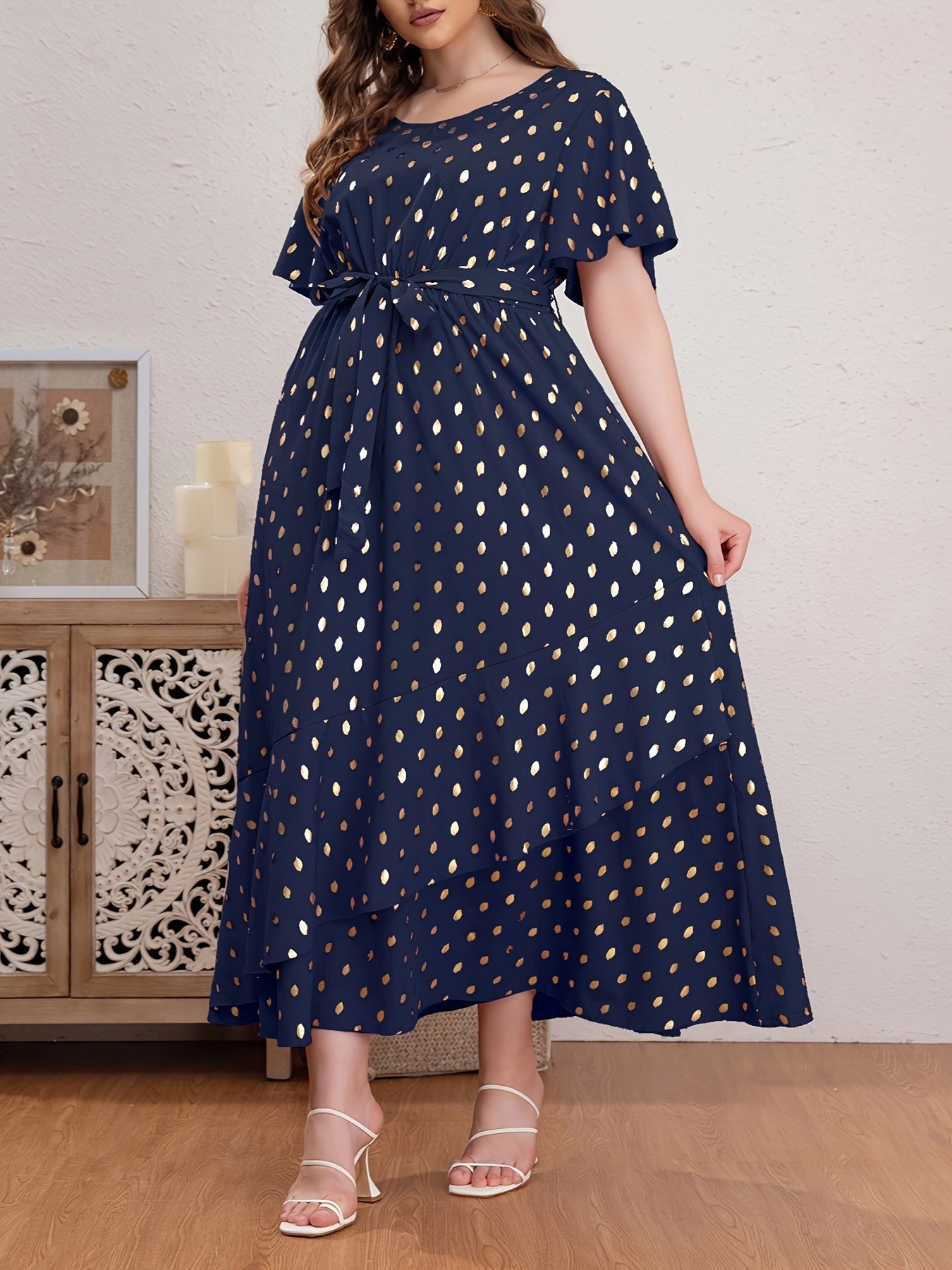 Plus Size Polka Dot Tunic Dress - Crew Neck, Short Sleeve, Ruffle Hem, Belted, Slight Stretch, Polyester, Random Print, All-Season, Middle East Style - Womens Casual Wear for Everyday