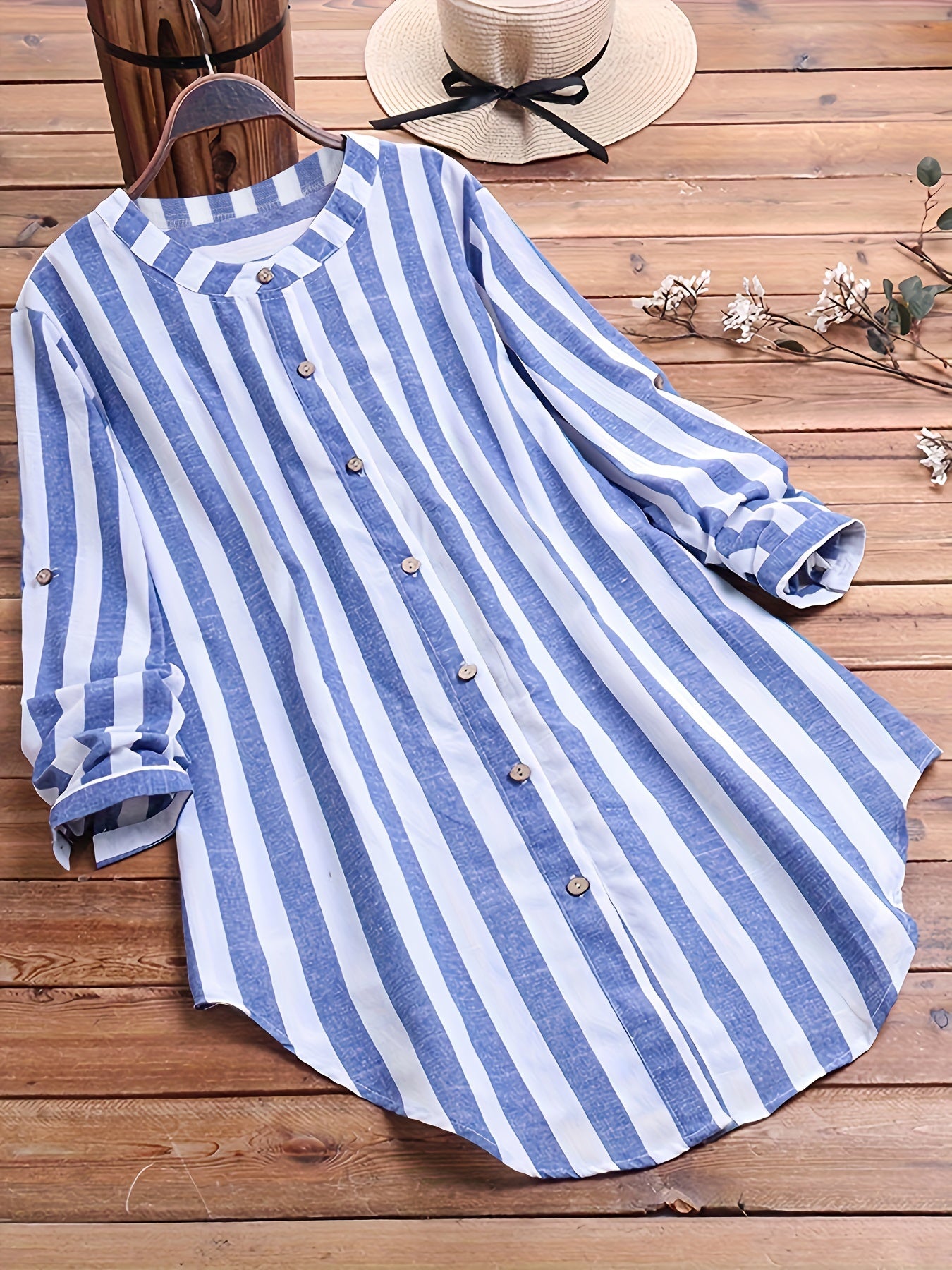 Striped Button Front Shirt, Casual Long Sleeve Curved Hem Shirt, Women's Clothing