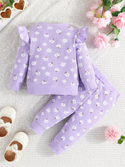 Infant Baby Girl Cute Pink Flowers Graphic Long Sleeve Pullover Top + Pants Set, Toddler's Cotton Thermal Clothes