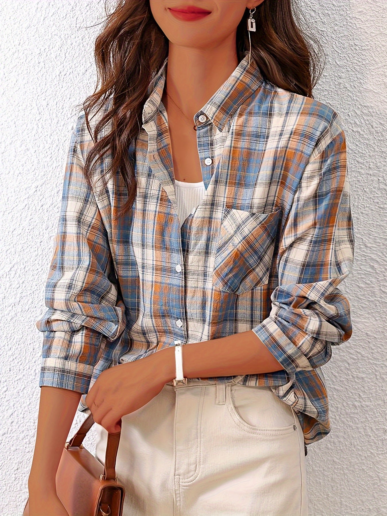 Button Up Plaid Shirt, Casual Pocket Shirt, Women's Clothing