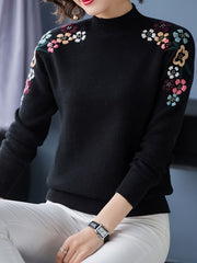 Floral Pattern Mock Neck Knit Sweater, Casual Long Sleeve Pullover Sweater, Women's Clothing