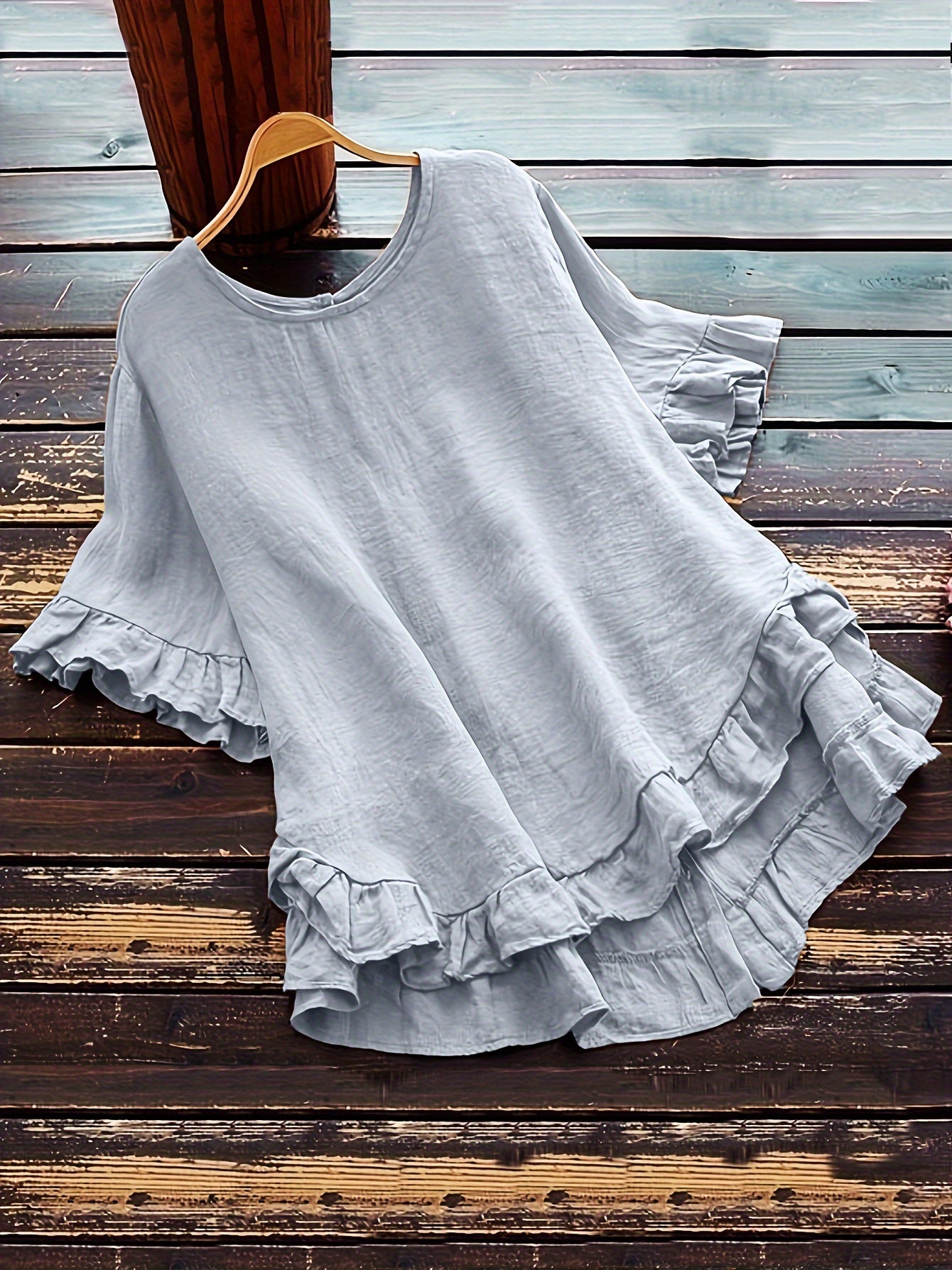 Button Detail Ruffle Hem Blouse, Casual Crew Neck Short Sleeve Blouse For Spring & Summer, Women's Clothing