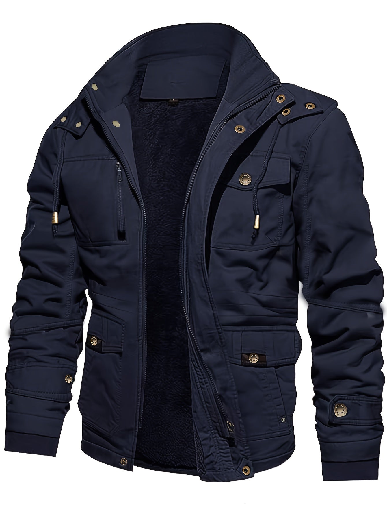 Men's Casual Warm Fleece Lined Cargo Jacket, Chic Multi Pocket Jacket For Fall Winter