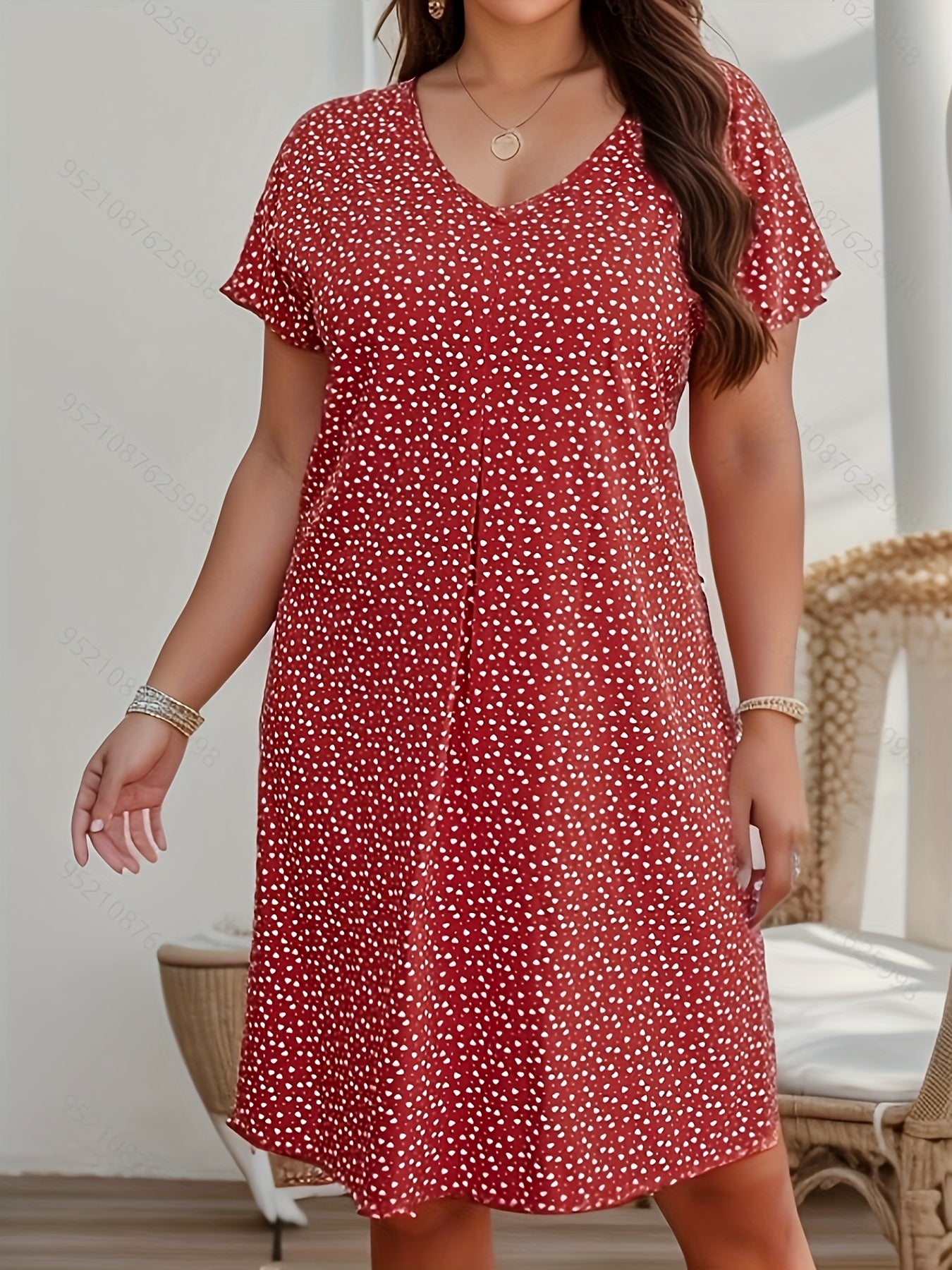 Plus Size All Over Print Dress, Elegant V Neck Short Sleeve Dress, Women's Plus Size Clothing