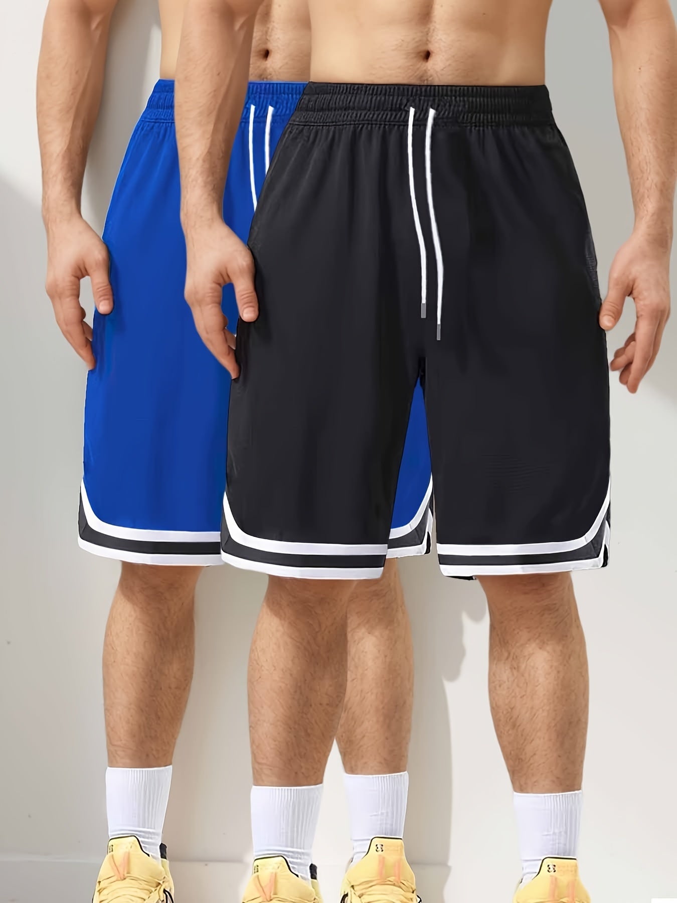 Two-Piece Mens Loose Fit Contrast Color Stripe Shorts Set - Drawstring Waist, Two Side Pockets, Breathable Slight Stretch Polyester Fabric, Ideal for Summer Fitness, Outdoor Sports, and Daily Casual Wear