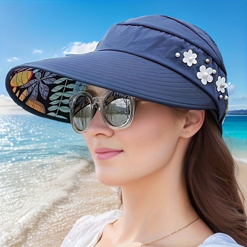 Chic Foldable Beaded Flower Sun Hat - Stylish Knitted Women's UV Protection Visors, Durable And Comfortable Outdoor Wear