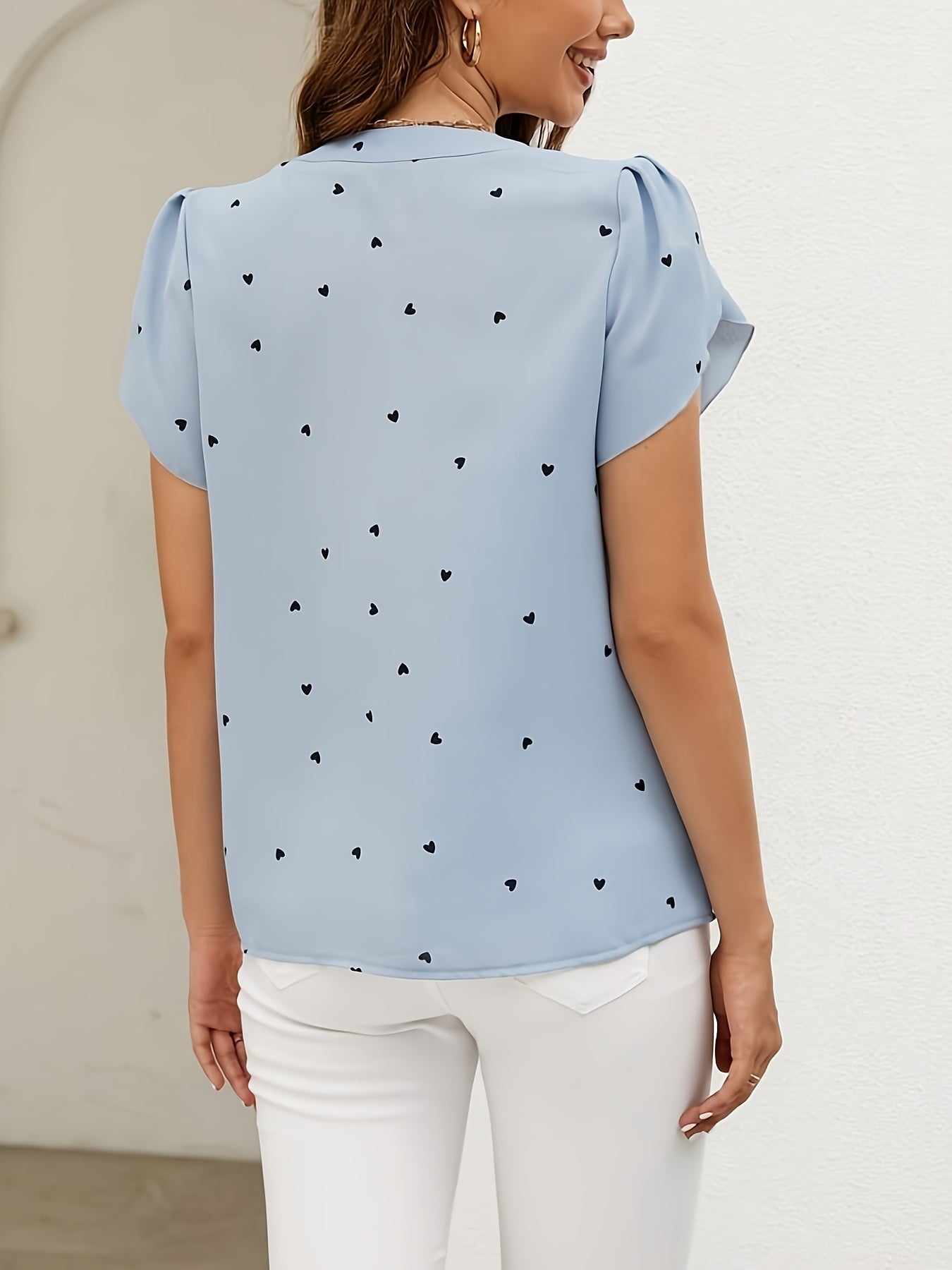 Dot Print Petal Sleeve Blouse, Elegant V-neck Short Sleeve Blouse, Women's Clothing