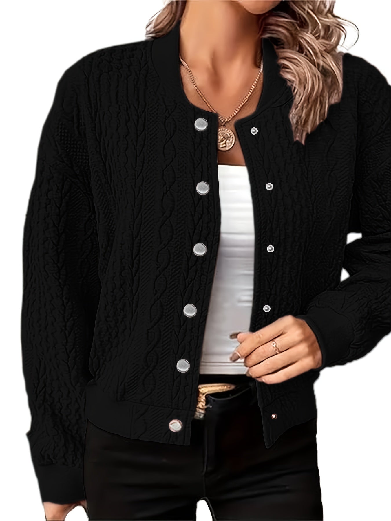 Solid Textured Single Breasted Jacket, Casual Long Sleeve Simple Outwear For Spring & Fall, Women's Clothing