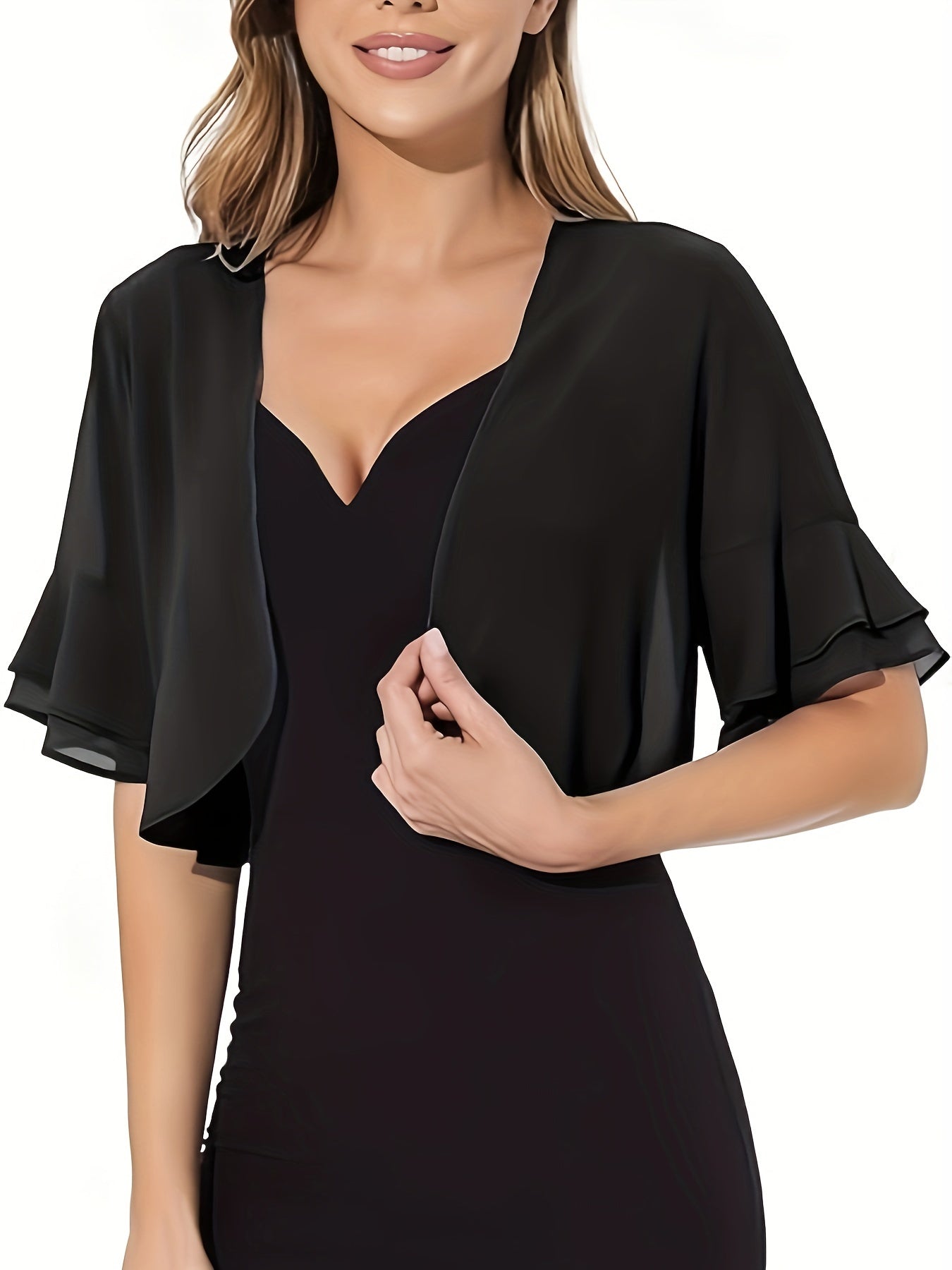 Layered Flare Sleeve Crop Blouse, Versatile Open Front Blouse For Spring & Summer, Women's Clothing