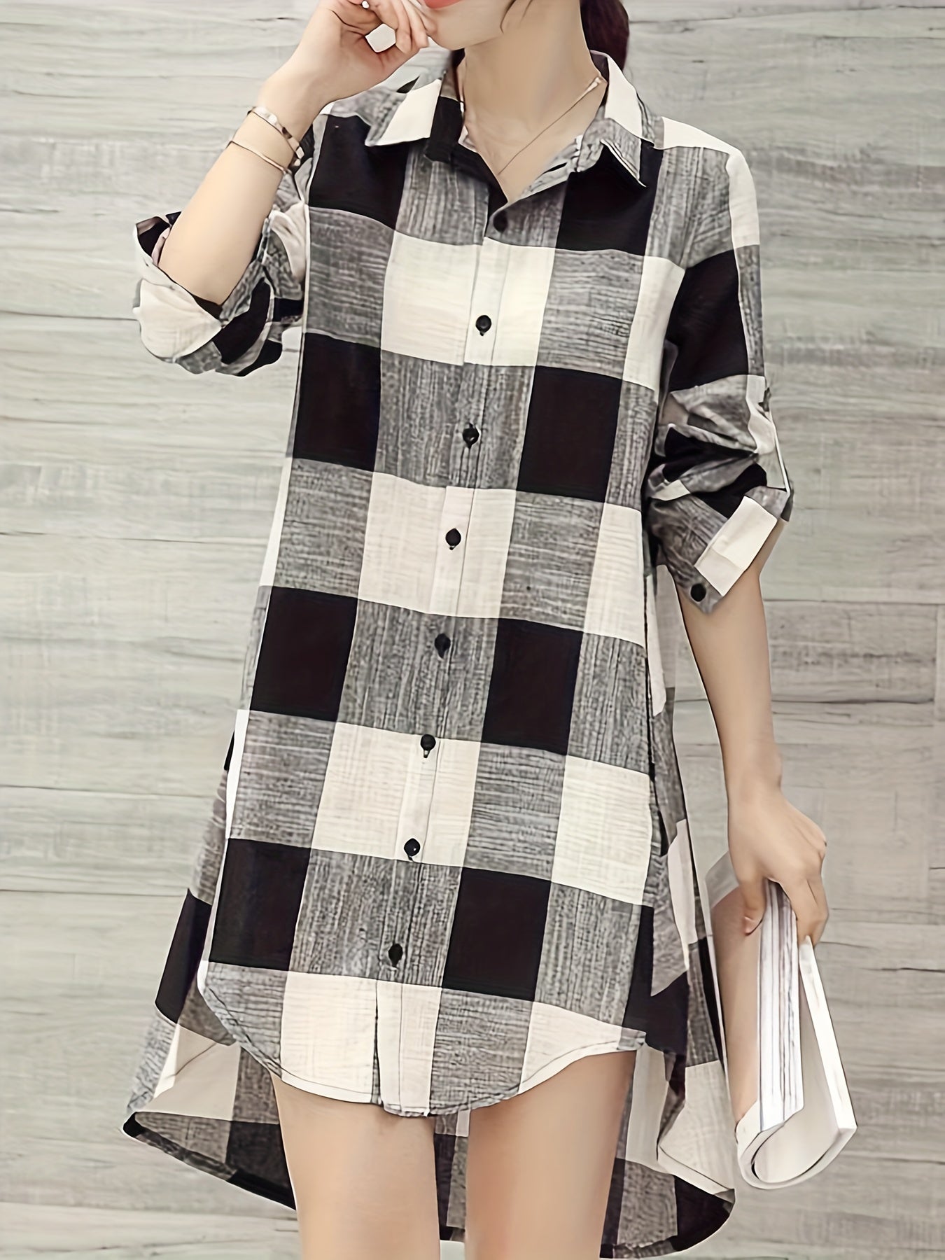 Plaid Print Button Front Shirt, Casual Long Sleeve Long Length Blouse For Spring & Fall, Women's Clothing