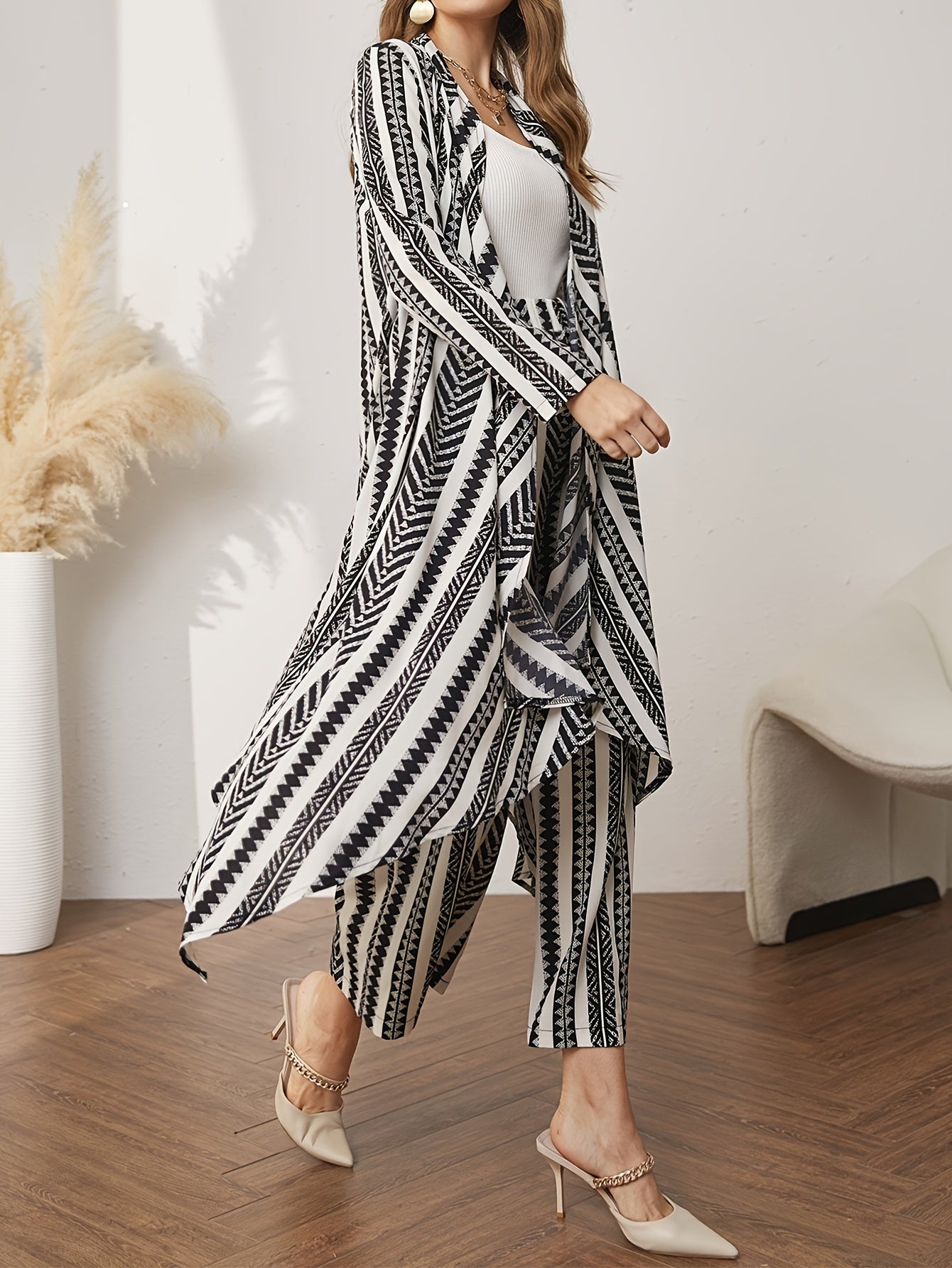 Vacation Tribal Print Pants Set, Long Sleeve Open Front Blouse & High Waist Wide Leg Pants Outfits, Women's Clothing