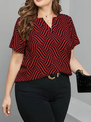 Plus Size Geometric Print Top, Casual Notch Neck Short Sleeve Top, Women's Plus Size Clothing