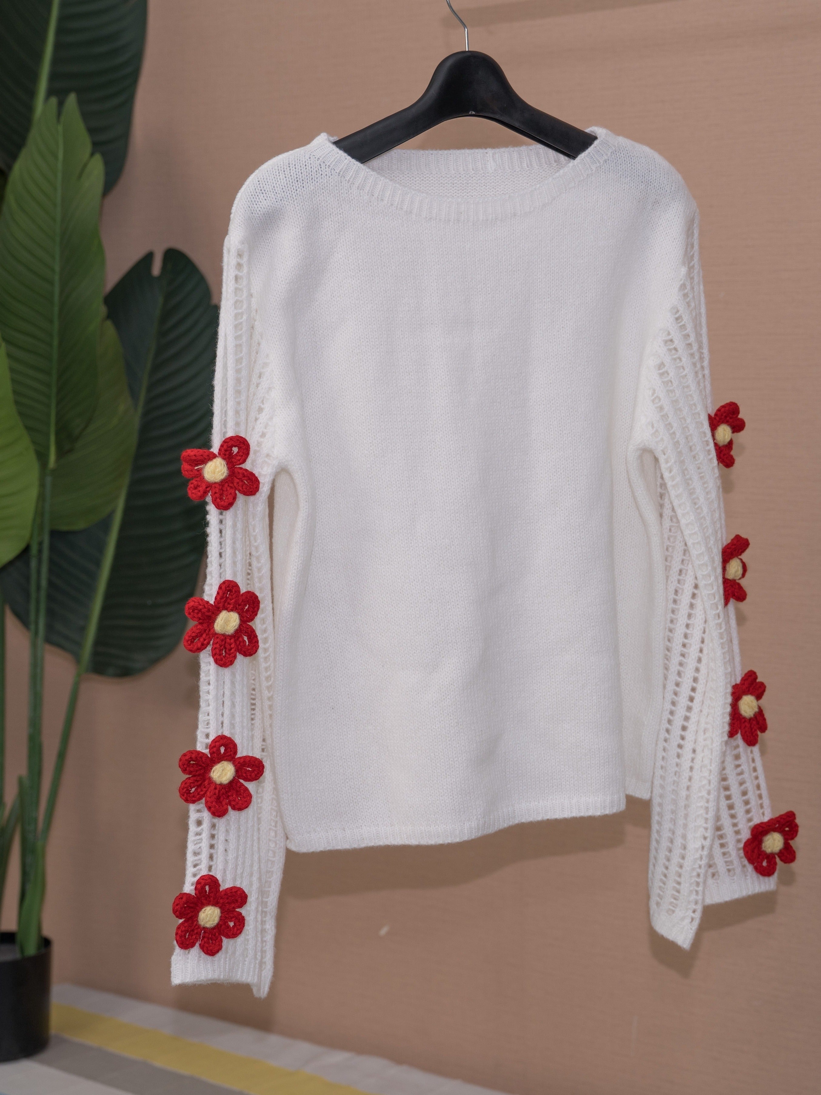 Floral Applique Crochet Sweater, Elegant Long Flare Sleeve Crew Neck Hollow Out Sweater For Spring & Fall, Women's Clothing