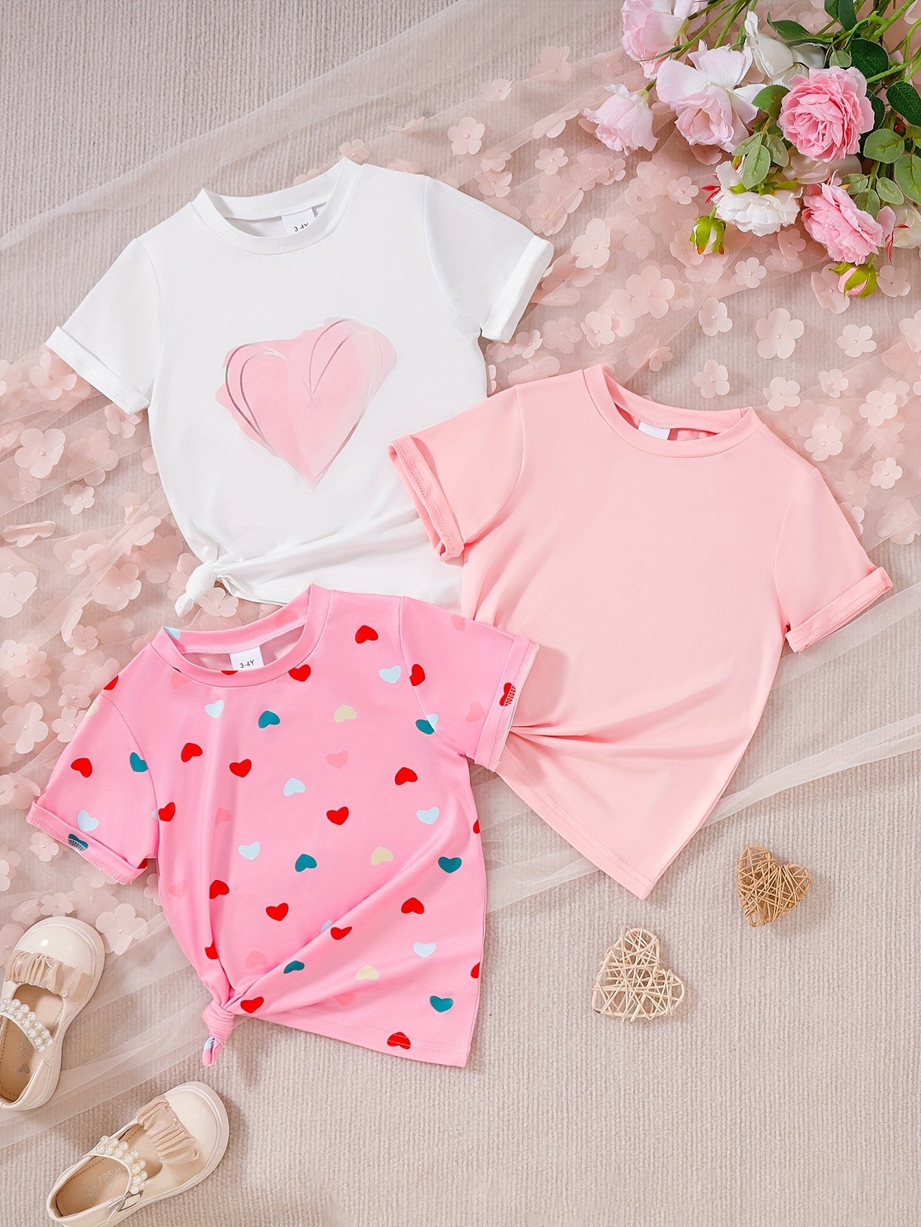 3pcs Adorable Girls Heart Print T-Shirt Set - Ultra-Sweet Short Sleeve Tees for Summer Fun, Perfect Valentines Day Party Outfit or Gift