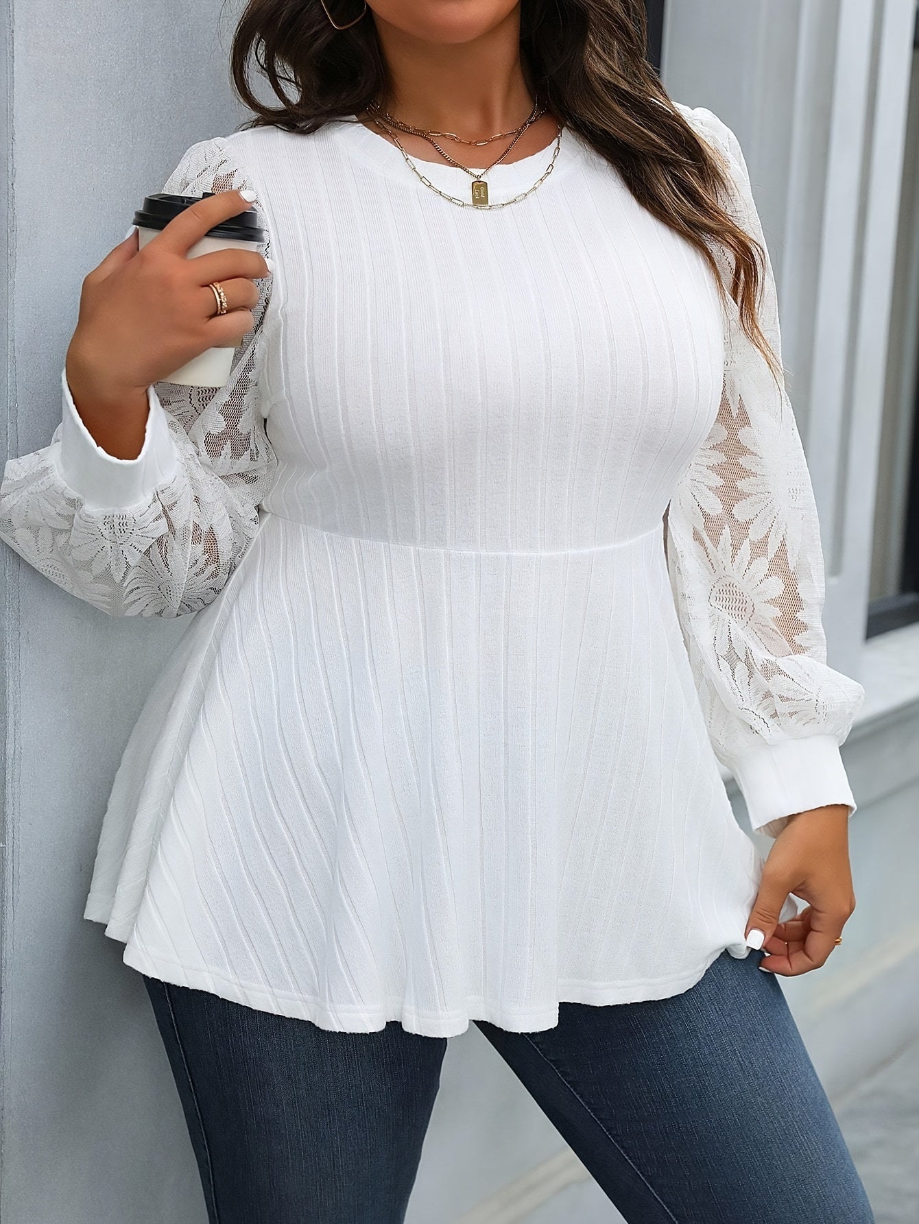 Plus Size Floral Lace Stitching T-Shirt, Casual Crew Neck Long Sleeve T-Shirt, Women's Plus Size Clothing