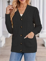 Cable Knit Single Breasted Cardigan, Casual Long Sleeve Pockets Cardigan For Spring & Fall, Women's Clothing