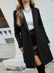 Double Breasted Lapel Coat, Elegant Solid Color Long Sleeve Mid-length Coat For Fall & Winter, Women's Clothing