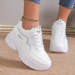 Womens Fashionable Solid Color Lace-Up Sneakers - Pillow-Soft Sole, Height-Boosting Sporty Trainers - Ultra-Trendy Low-top Shoes