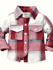 Kids Casual Plaid Button-Down Shirts, Polyester Blend, Lapel Collar, Non-Stretch, Long Sleeve, Regular Length, Spring/Fall, Single Breasted Pajama Top, Ages 12 & Under