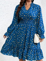 Plus Size Womens Flattering Smock Dress - Eye-Catching Ditsy Print with Lantern Sleeves, V Neck & Defined Waist - Ultra-Comfortable Casual Style