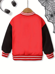 Boys Cool Spider Web Print Long Sleeve Color Block Drop Shoulder Varsity Baseball Jacket Coat