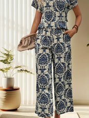 Damask Print Elegant Pantsuits, Short Sleeve V Neck Blouse & Wide Leg High Waist Pocket Pants Outfits, Women's Clothing