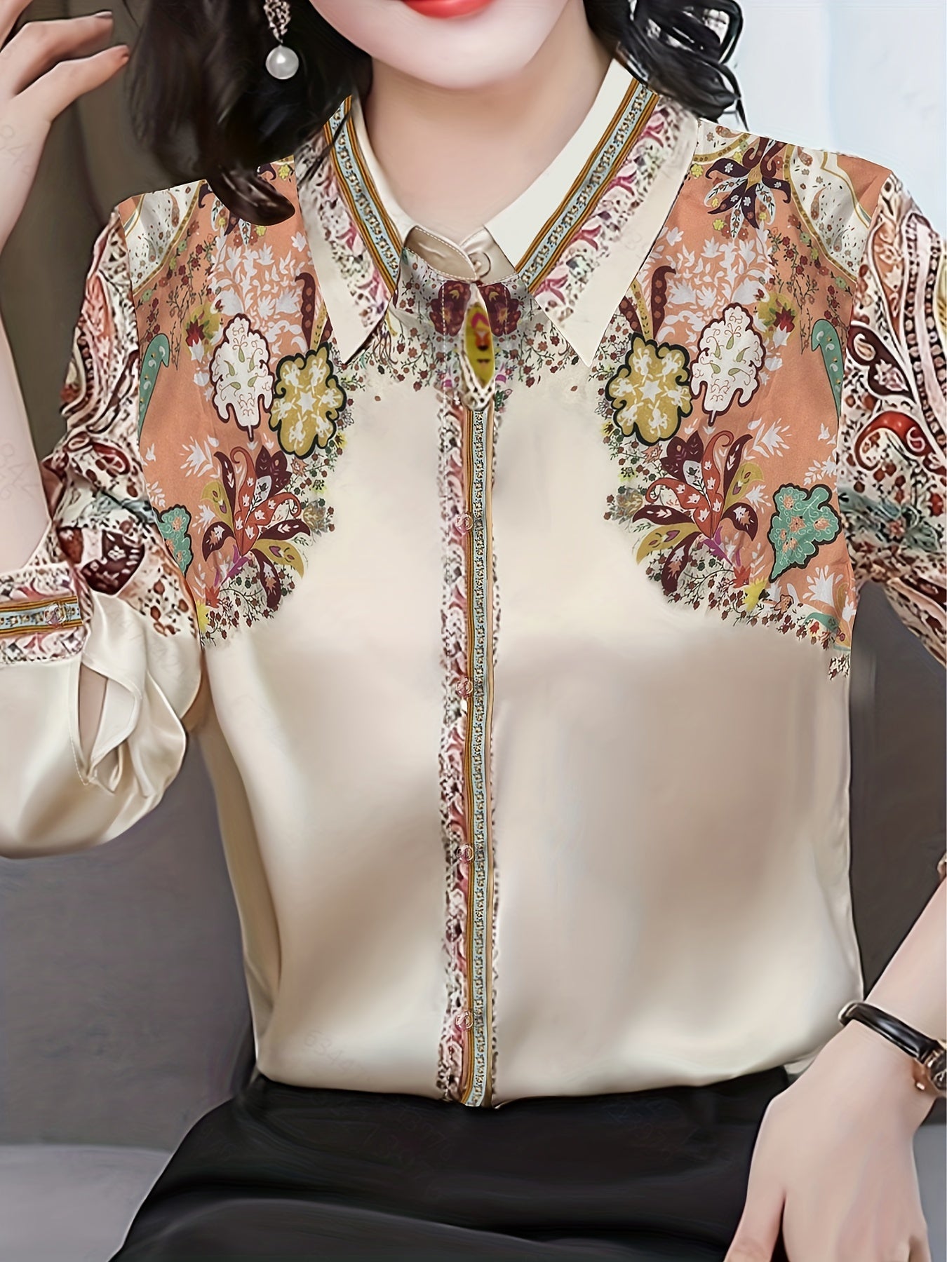 Floral Print Flat Collar Shirt, Vintage Long Sleeve Button Up Shirt For Spring & Fall, Women's Clothing