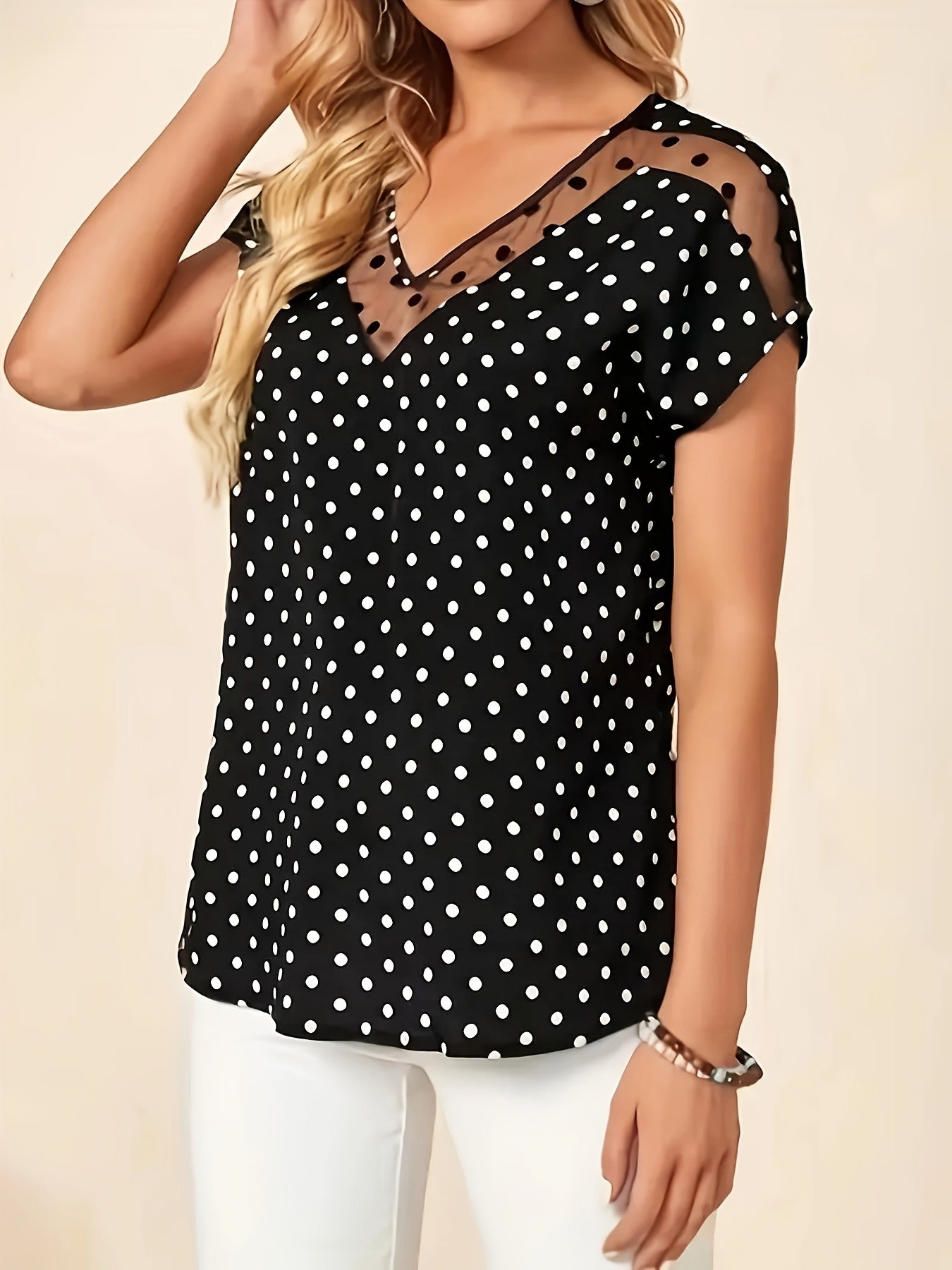 Polka-dot Pattern Mesh Splicing Blouse, Vintage V-neck Short Sleeve Loose Blouse For Spring & Fall, Women's Clothing