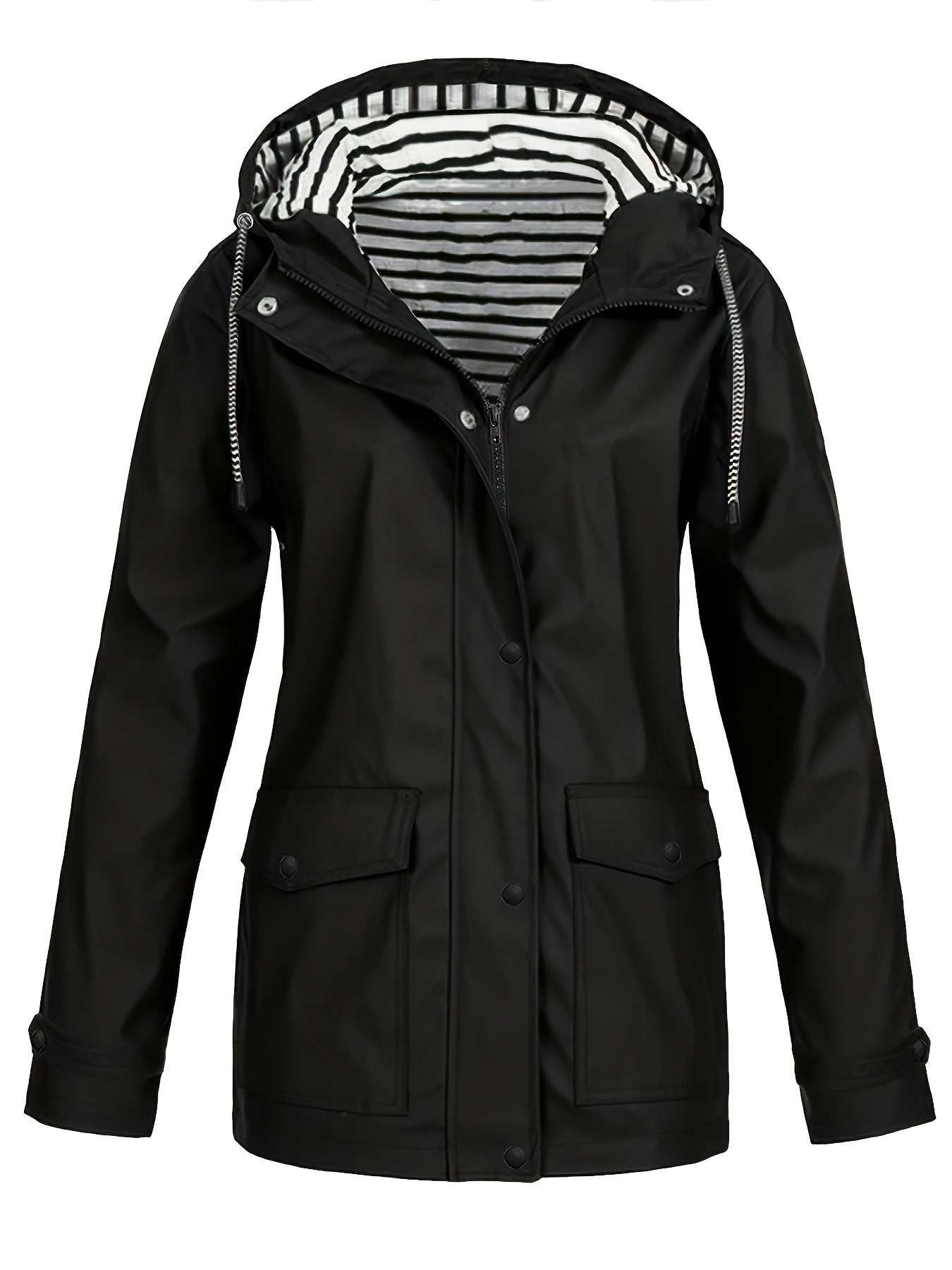 Zip-up Hoodie Windbreaker Jacket, Casual Long Sleeve Flap Pockets Striped Jacket For Fall & Winter, Women's Clothing