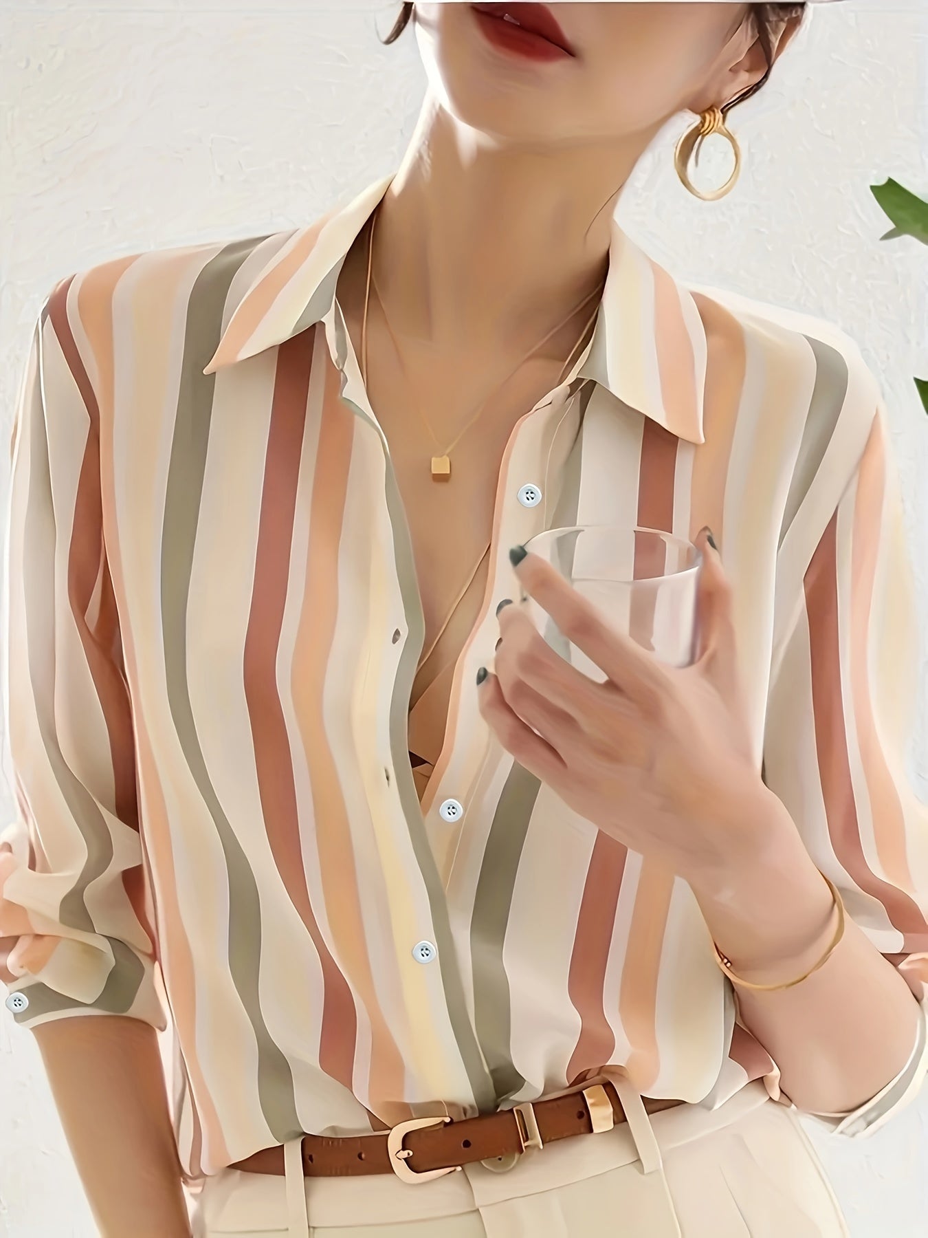 Color Block Button Front Shirt, Casual Long Sleeve Shirt For Spring & Fall, Women's Clothing