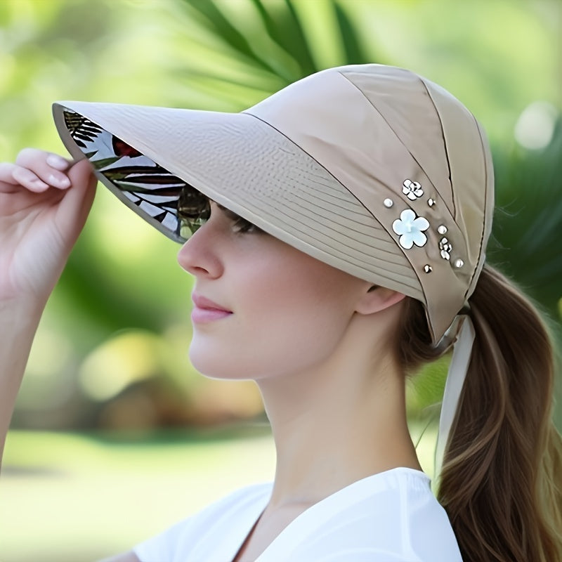 Chic Foldable Beaded Flower Sun Hat - Stylish Knitted Women's UV Protection Visors, Durable And Comfortable Outdoor Wear