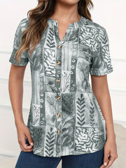 Floral Print Button Front Shirt, Elegant Short Sleeve Top For Spring & Summer, Women's Clothing