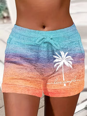 Breezy Tropical Elegance: Versatile Coconut Tree Print Casual Shorts for Women with Elastic Drawstring Waist, Durable & Easy-Care