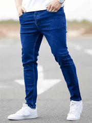 Men's Casual Style Slim Fit Denim Jeans, Classic Blue Slightly Stretch Pants With Pockets, Versatile For Daily Wear