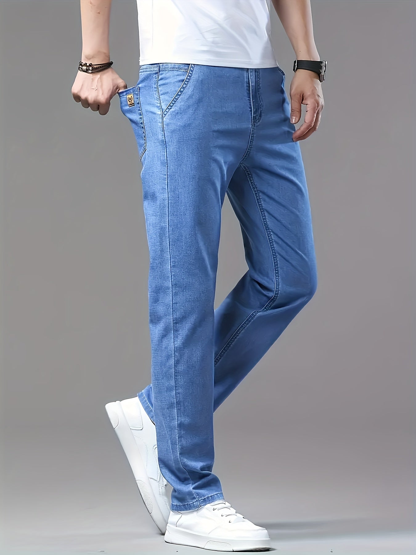 Men's Regular Fit Straight Leg Denim Pants, Men's Classic Design Jeans, Versatile For Business And Casual Wear