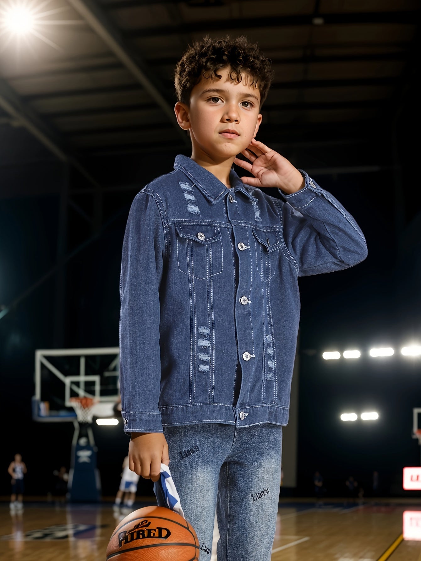 Boys Casual Long Sleeve Ripped Denim Jacket With Pockets, Button Up Lapel Long Sleeve Jacket, Boys Clothes Outdoor