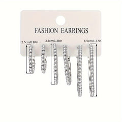 6-Piece Set Simple Hoop Earrings with Rhinestones, Zinc Alloy & Stainless Steel, No Plating - Versatile Vacation & Daily Wear Jewelry for Women