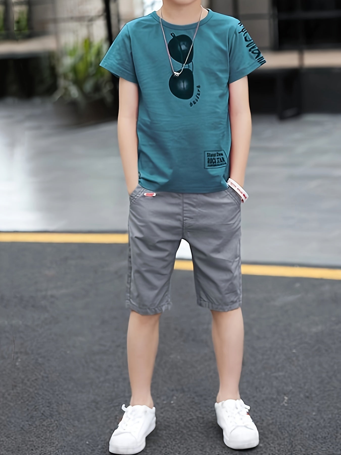 100% Cotton 2pcs, Glasses Graphic Short Sleeve Crew Neck T-shirt + Solid Color Shorts Set For Boys, Breathable Set Casual Summer Gift