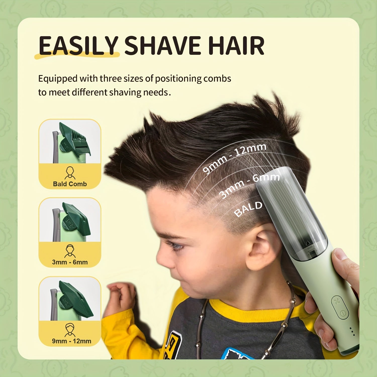 YAFULL Kids Safe Hair Clipper Set with Suction Chamber, 3 Guide Combs, USB Rechargeable Lithium Battery, Quiet Wireless Operation for Toddlers & Children Ages 3-8, Electric Hair Trimmer Care Kit