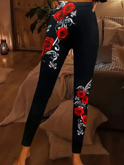 Plus Size Floral Print Leggings, Casual High Waist Stretchy Leggings For Spring & Summer, Women's Plus Size Clothing