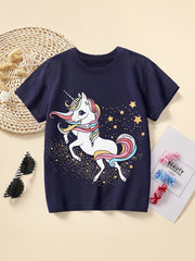 Cartoon Unicorns & Stars Graphic Print Tees, Girls 3pcs/set Casual & Trendy Cotton T-shirts For Spring & Summer, Girls Comfy Clothes For Street Wear